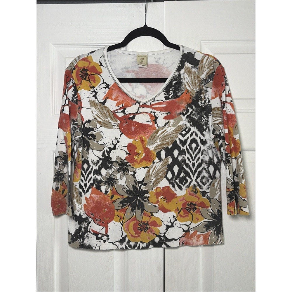 Jess & Jane Mesmerize Floral Ikat Top Womens Size PM Orange Cotton Rhinestone